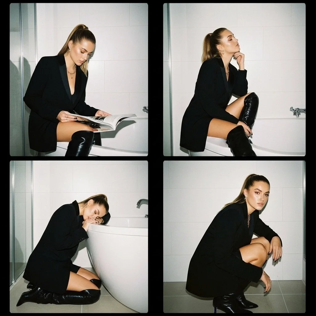 A collage of four images featuring a woman with long hair, dressed in a black blazer, black dress, and black knee-high boots, in a bathroom setting with white tiled walls. She is sitting on a toilet, reading a magazine, pondering with her hand on her chin, and leaning against the toilet bowl, with various poses showing her in a stylish and contemplative mood.