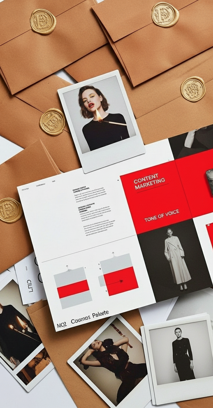 Fashion photos and a printed marketing report surrounded by tan envelopes with gold wax seals.