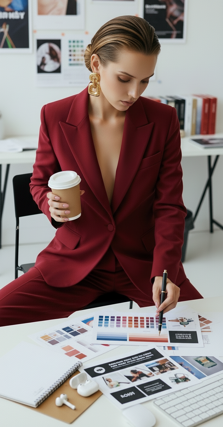 Woman in a burgundy suit working on color swatches and design materials at a desk, holding a coffee cup in a modern office.