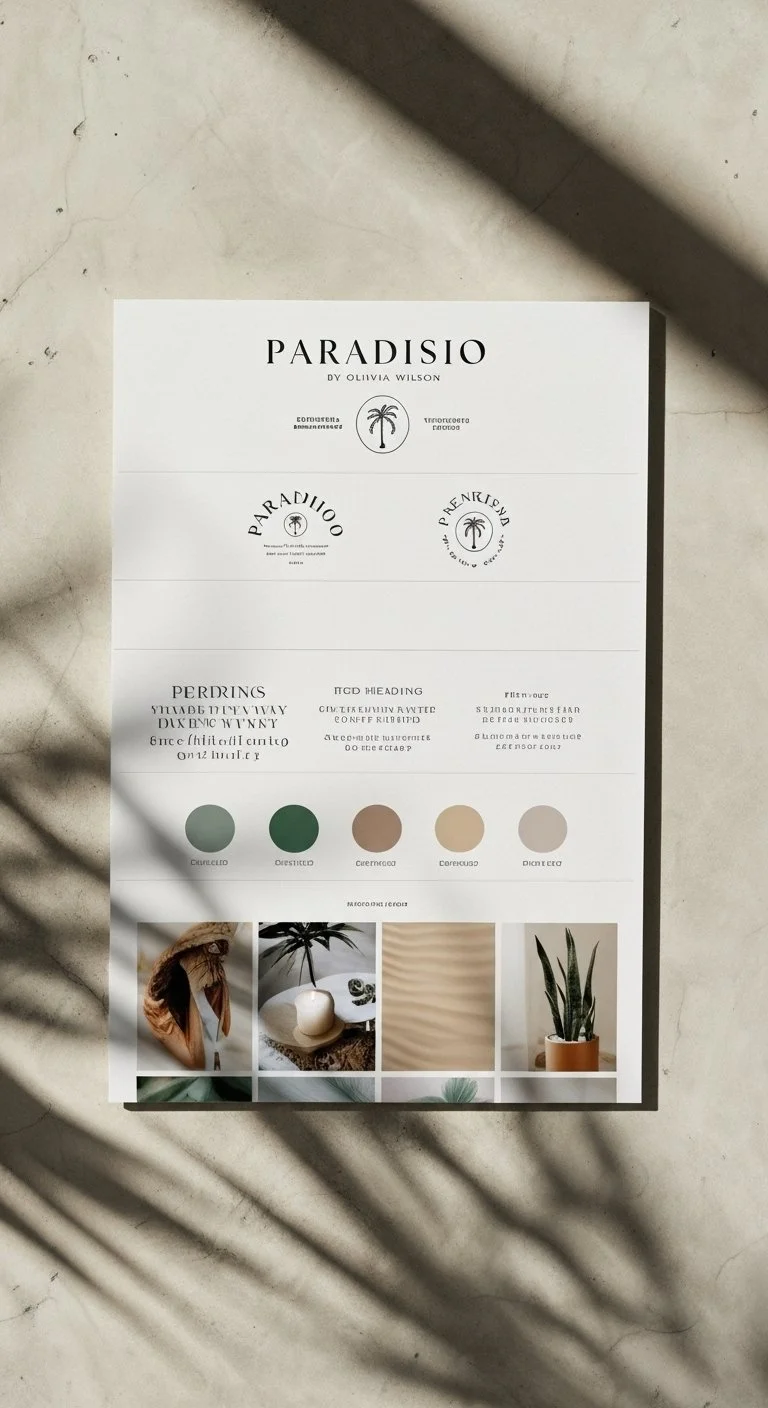Design board or branding guide for PARADISIO by Olivia Wilson, featuring logos, color palette, and images of plants and decor.