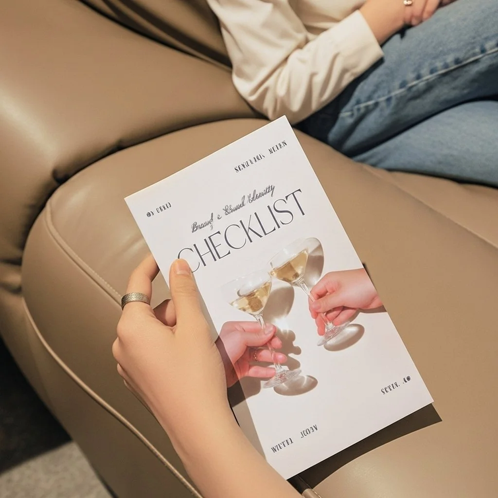 Person holding checklist titled 'Brandy & Liquid Alcohol Checklist' with an image of two hands clinking glasses of brandy or champagne. Person is sitting on a beige leather couch, wearing a white shirt and blue jeans, with another person partially visible in the background.