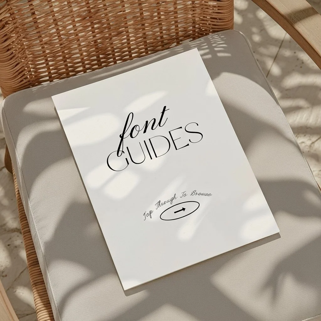 A white booklet titled "font GUIDES" placed on a cushioned chair, with shadows of leaves cast over it, in a bright setting.