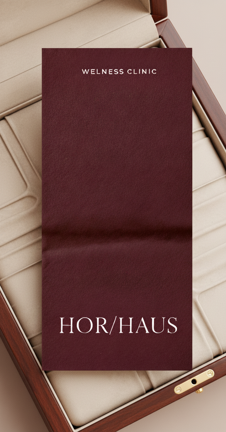 A burgundy brochure titled "Wellness Clinic" placed in a wooden jewelry box with beige interior cushions.