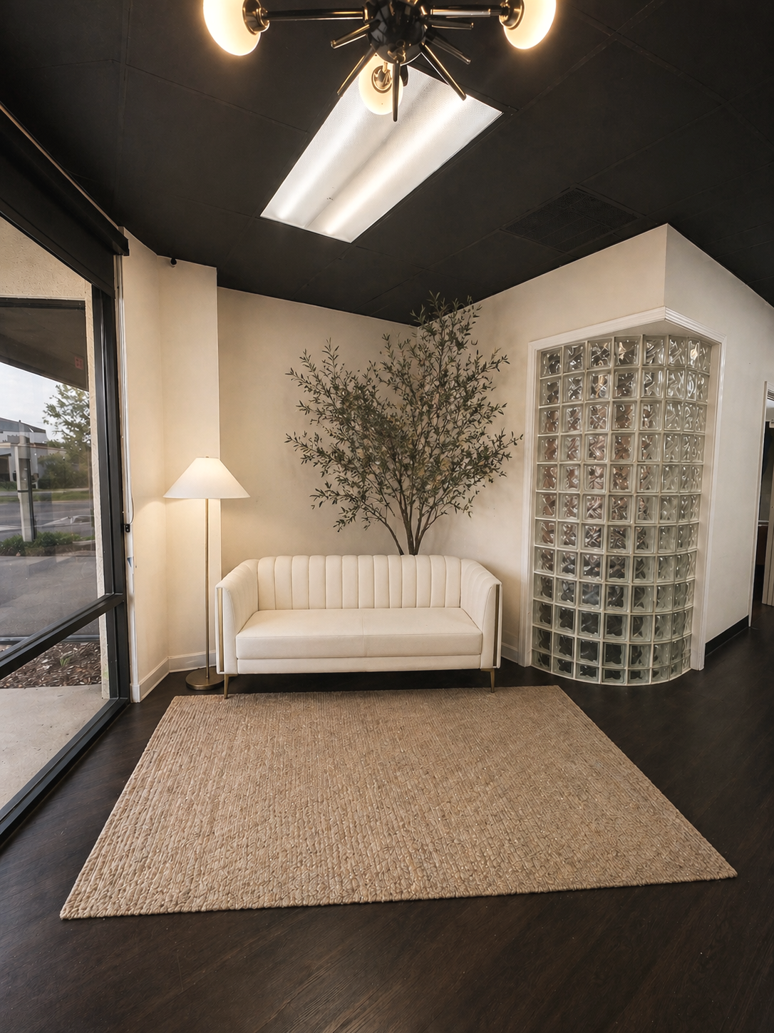 A cozy waiting area with a white sofa, a tall floor lamp, a tree mural on the wall, and a curved glass block wall in a warmly lit room with black ceiling and dark wood floors.