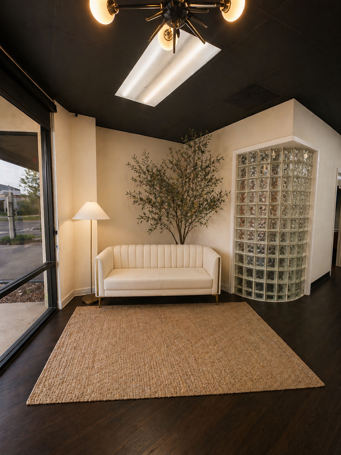 A modern waiting area with a white sofa, a tall floor lamp, a green plant growing behind the sofa, a glass block wall to the right, a beige rug in front, black ceiling, and large windows on the left