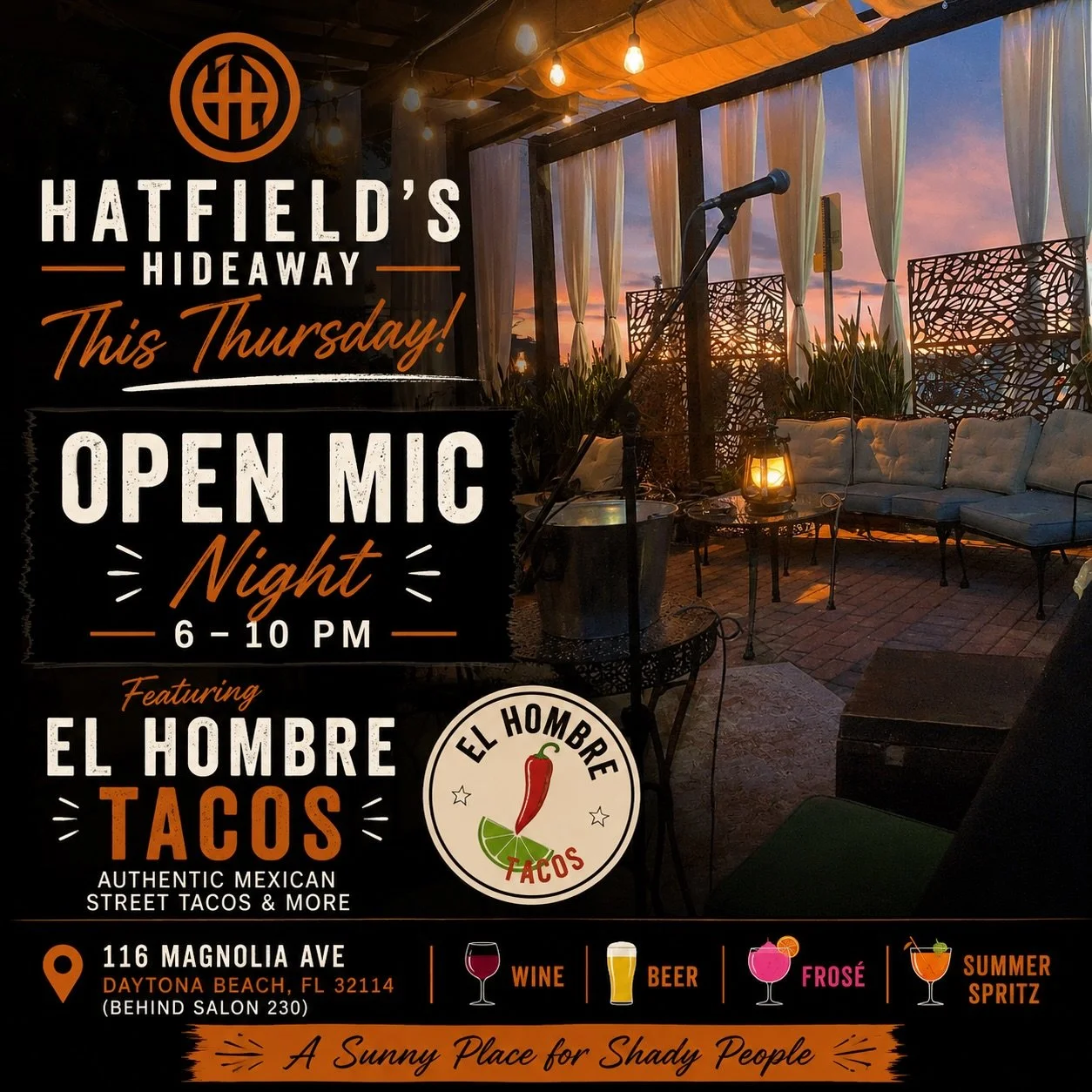 Open Mic Night at Hatfield&rsquo;s Hideaway is this Thursday from 6&ndash;10 PM.

Bring your talent or come enjoy some amazing music

🌮 El Hombre Tacos on site
🍷 Wine &bull; 🍺 Beer &bull; 🍓 Fros&eacute; &bull; 🍊 Summer Spritz

📅 Thursday, June 