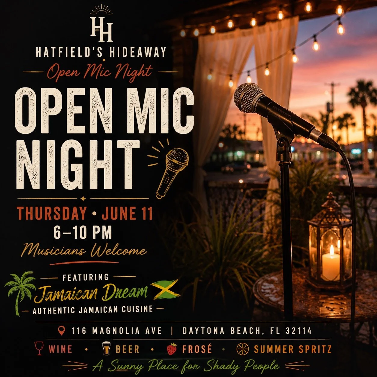 🎤 Open Mic Night at Hatfield&rsquo;s Hideaway

Join us Thursday evening for live local music on the patio. Whether you&rsquo;re taking the mic or just looking for a relaxing night out, there&rsquo;s always something special about a summer evening at