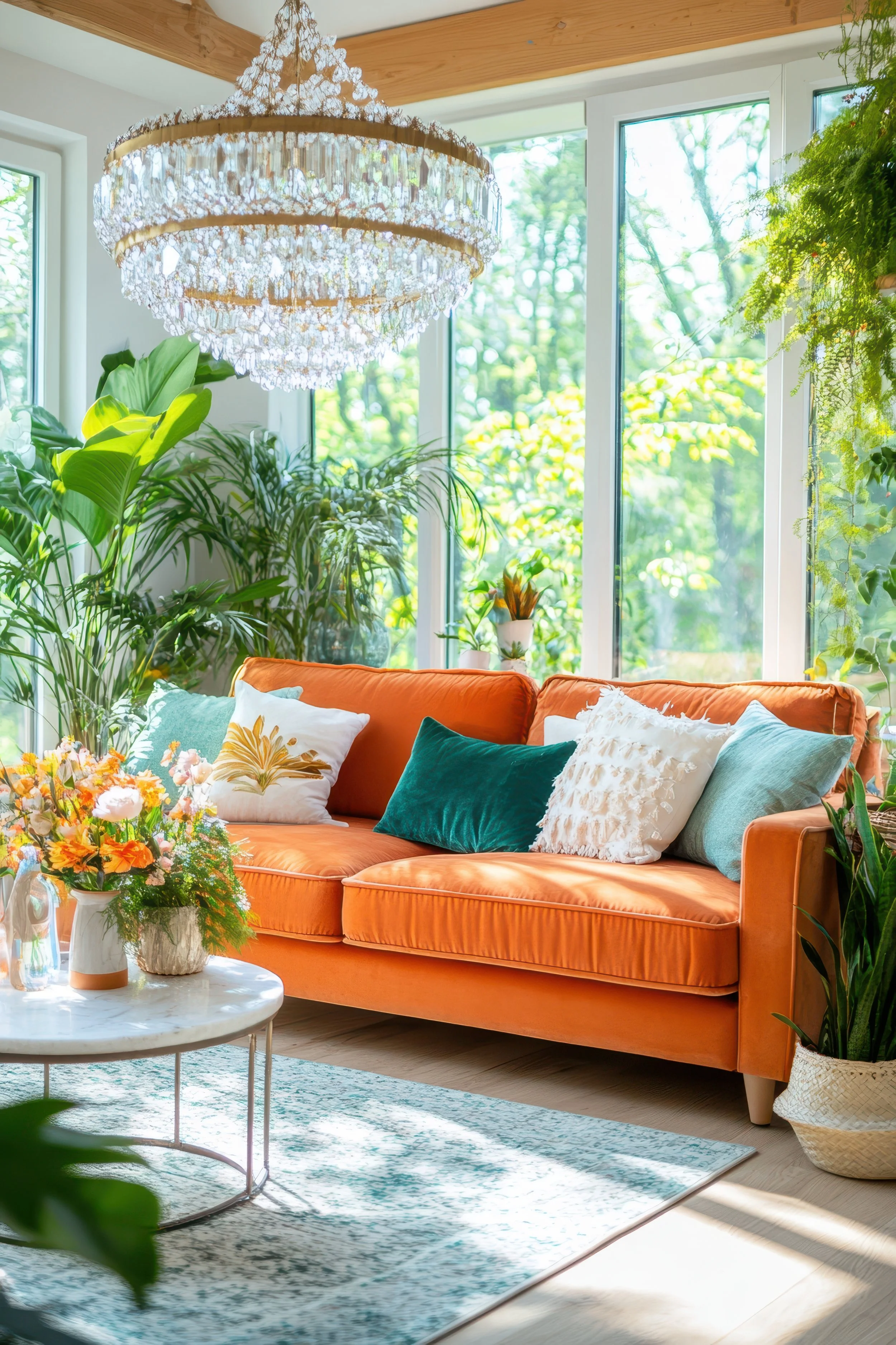 Sunlit sunroom with large windows, green plants, and a coral sofa with colorful pillows, a marble coffee table with flower arrangements, and a crystal chandelier hanging from a wooden ceiling.