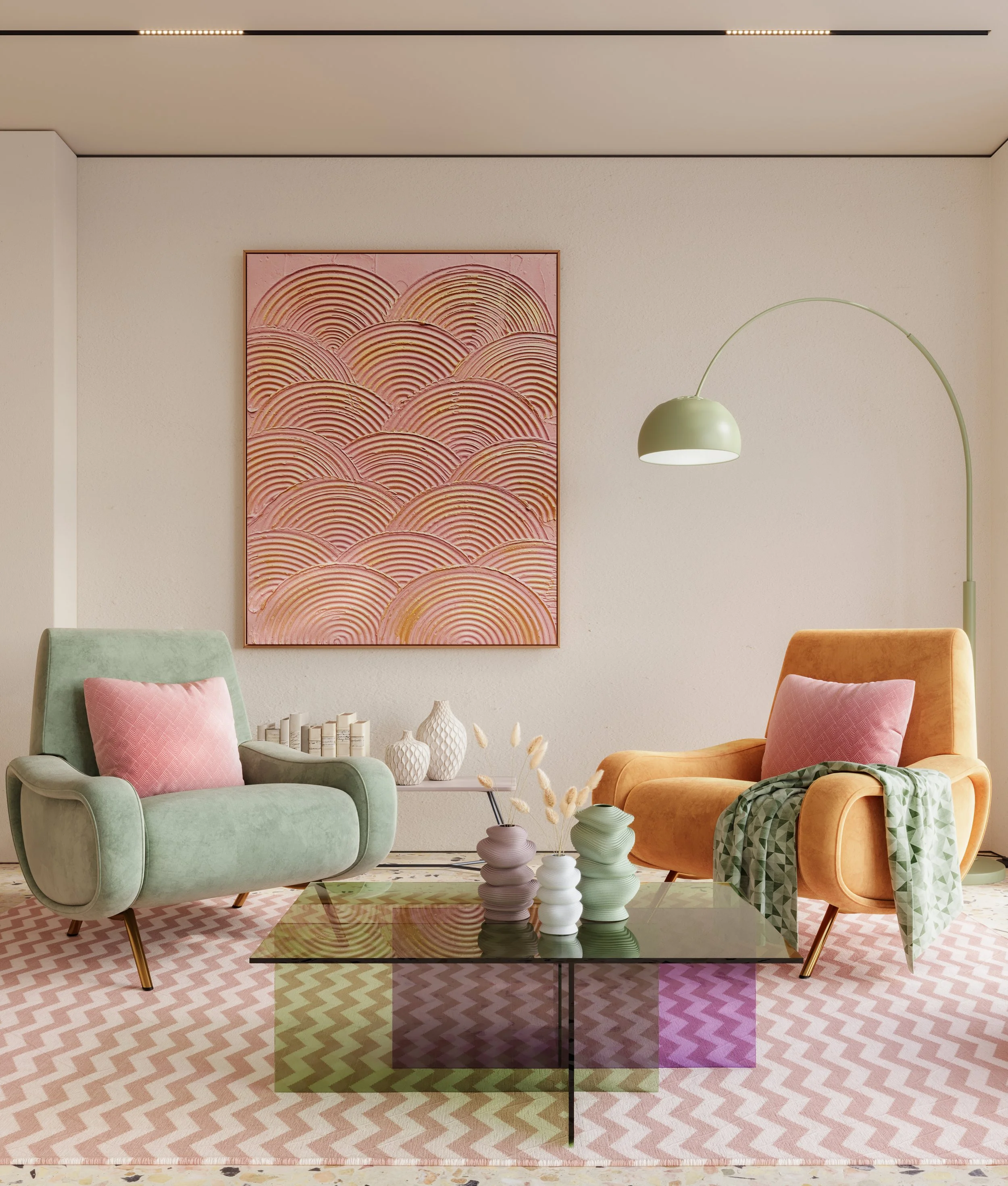 Modern living room with pastel-colored furniture, pink patterned rug, abstract pink wall art, and decorative vases on a glass coffee table.