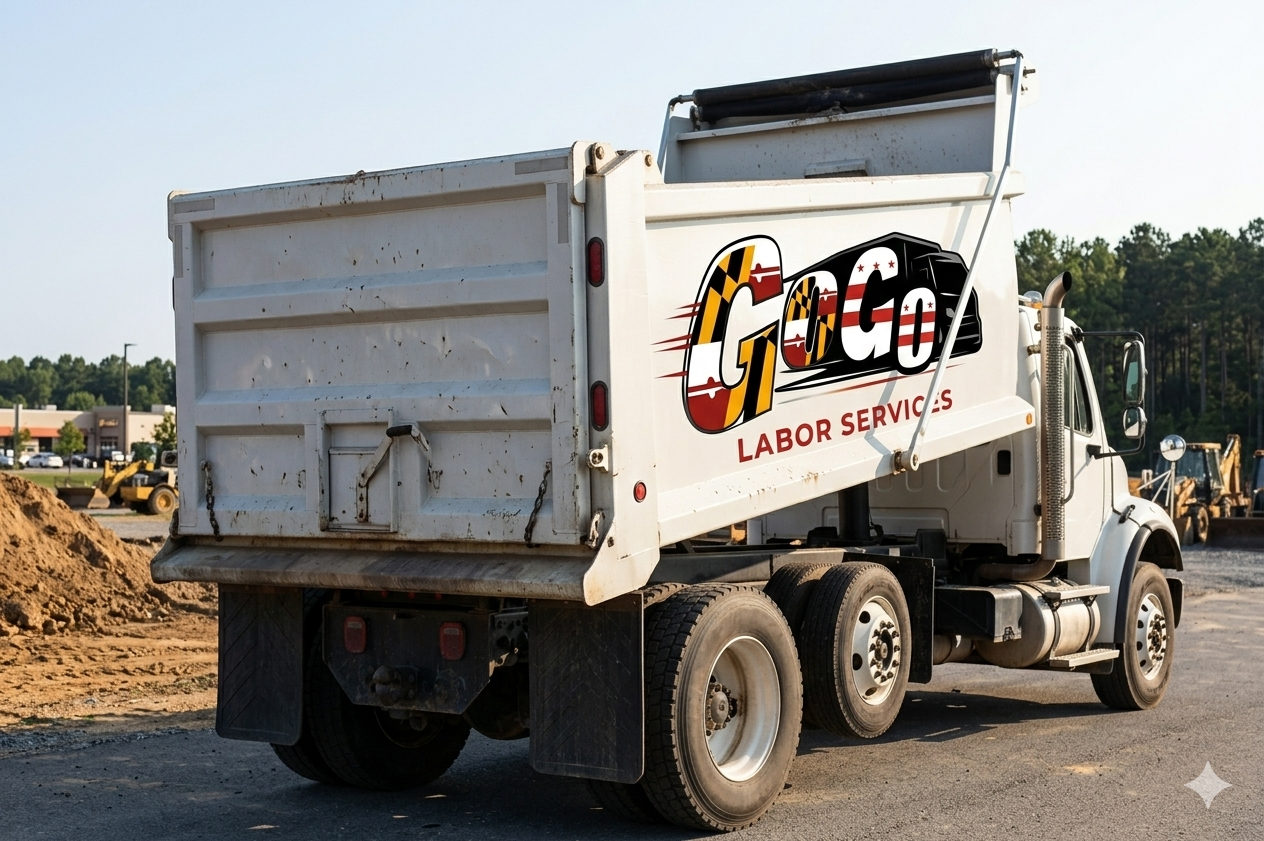 A white labor services truck with a GOGO logo, parked on a construction site with dirt and construction equipment in the background.