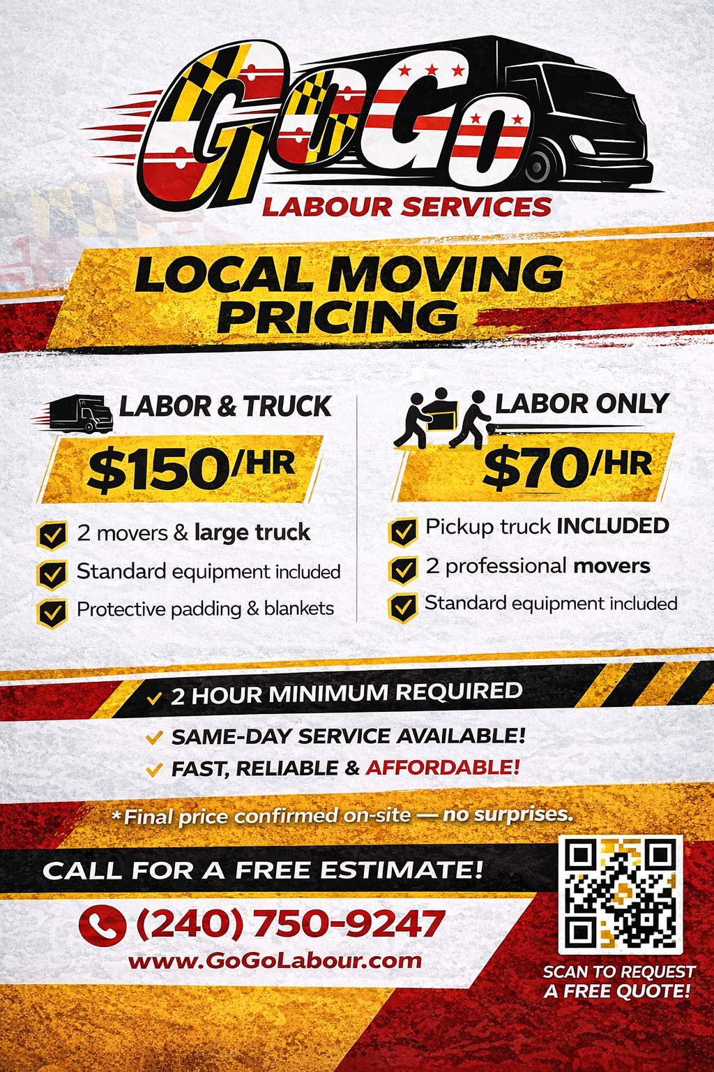 A flyer for GOCO Labour Services displaying local moving pricing. It offers labor & truck services at $150 per hour, including 2 movers and a large truck, with standard equipment and blankets. It also offers labor only at $70 per hour, including a pickup truck and 2 professional movers. The flyer highlights a two-hour minimum, same-day service, and affordability, with contact information and a QR code for a free estimate.