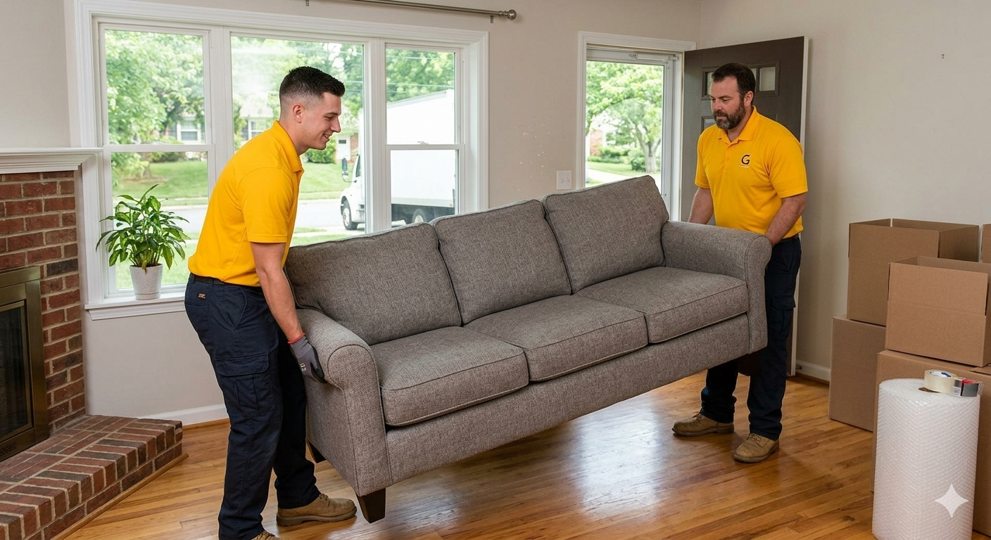 Two movers in yellow shirts lift a gray sofa in a living room with hardwood floors and a brick fireplace.