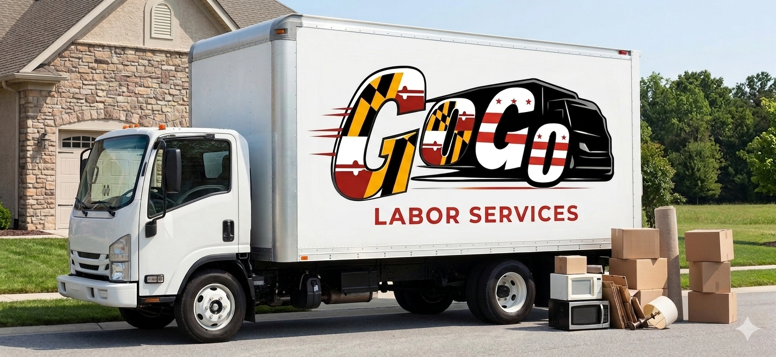 A white delivery truck parked on a residential street with a large logo that reads 'GOGO LABOR SERVICES' on its side. The logo features a stylized race car and a semi-truck, with the words 'GOGO' in bold colors. Next to the truck, there are several cardboard boxes, a microwave, a lamp, and other small household items stacked on the ground.