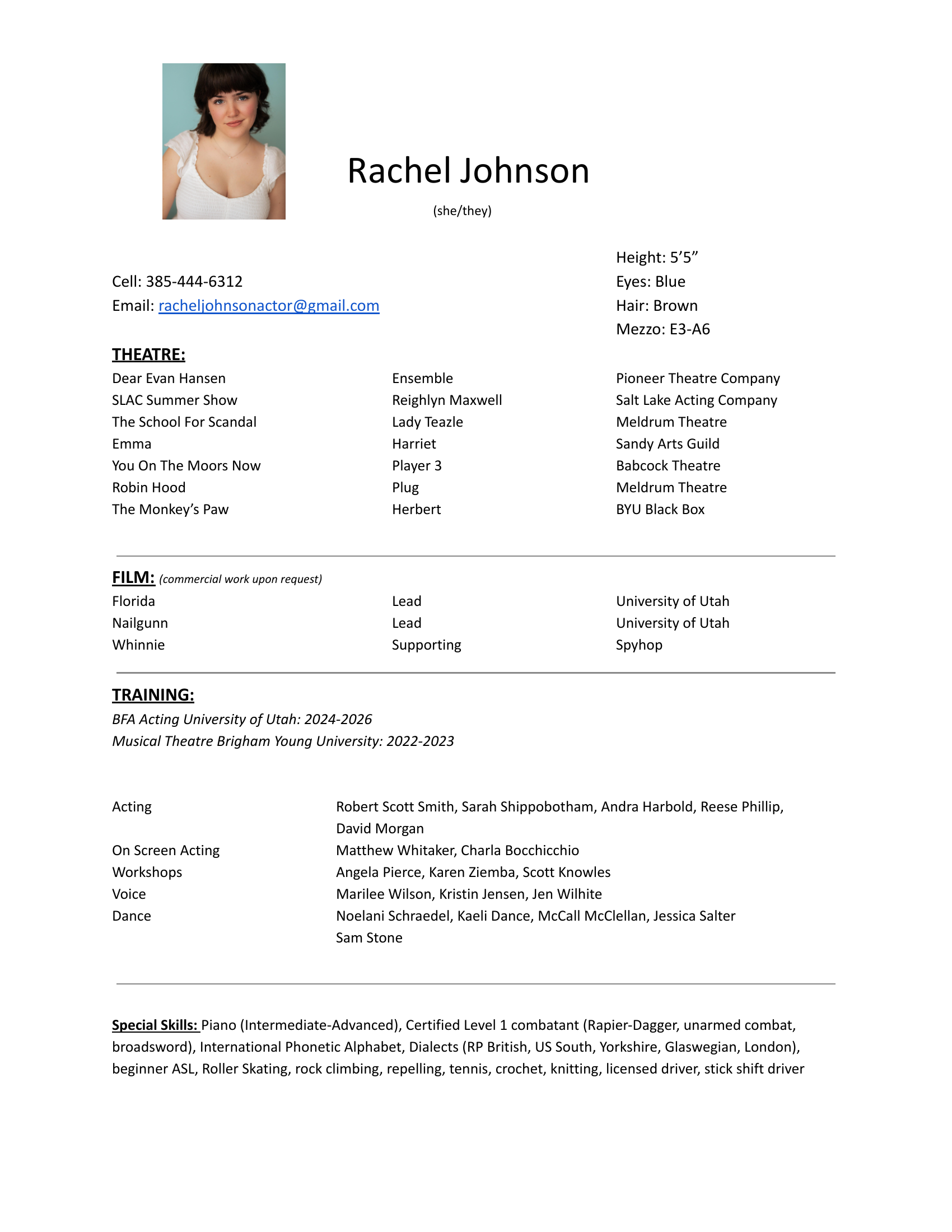 A professional resume for Rachel Johnson, featuring a photo of a woman with shoulder-length dark hair, listing personal details, theatre experience, film work, training, skills, and contact information.