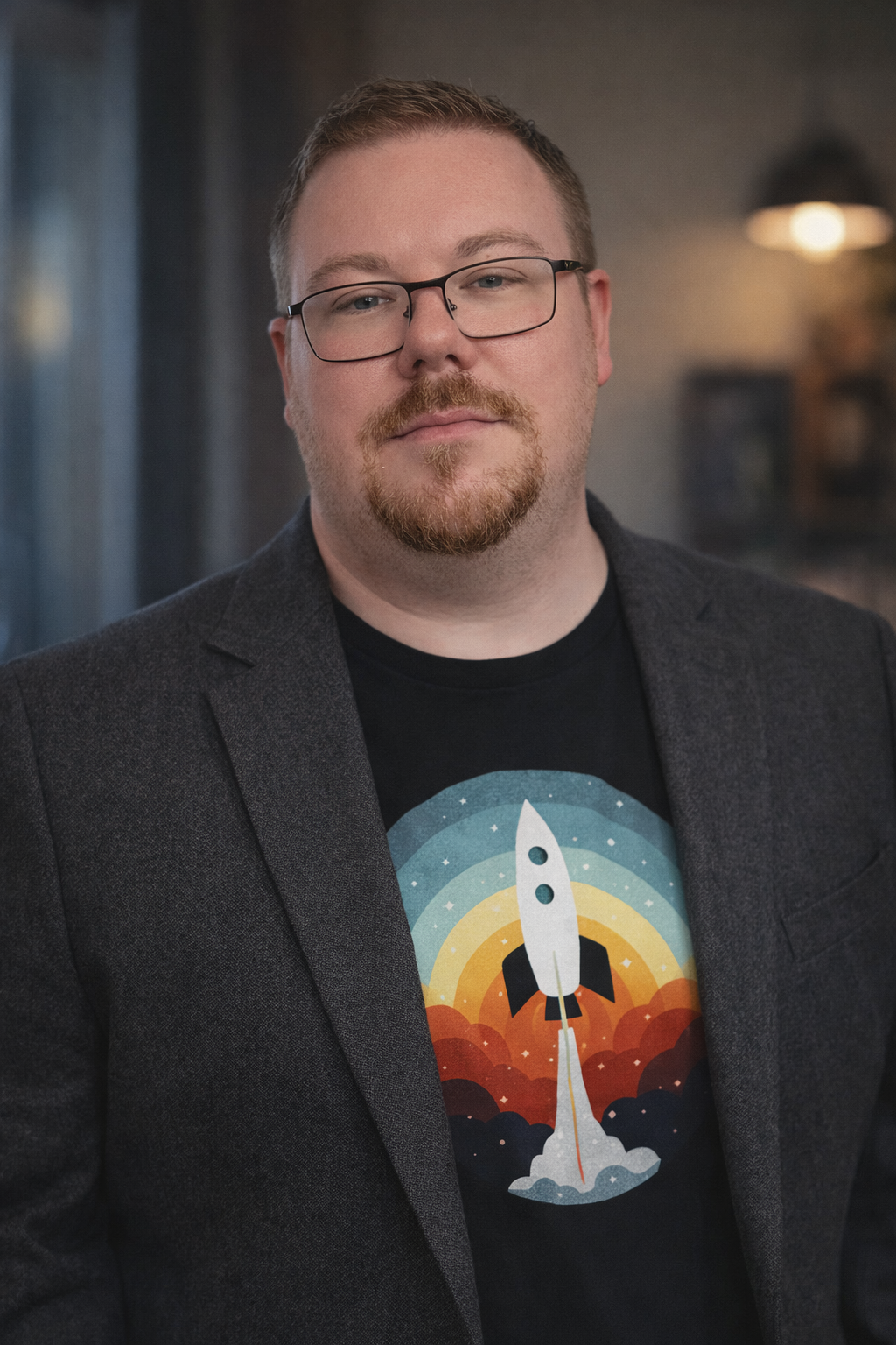 Man with glasses, short hair, and beard, wearing a dark blazer over a graphic t-shirt featuring a rocket launch with colorful sunset background.