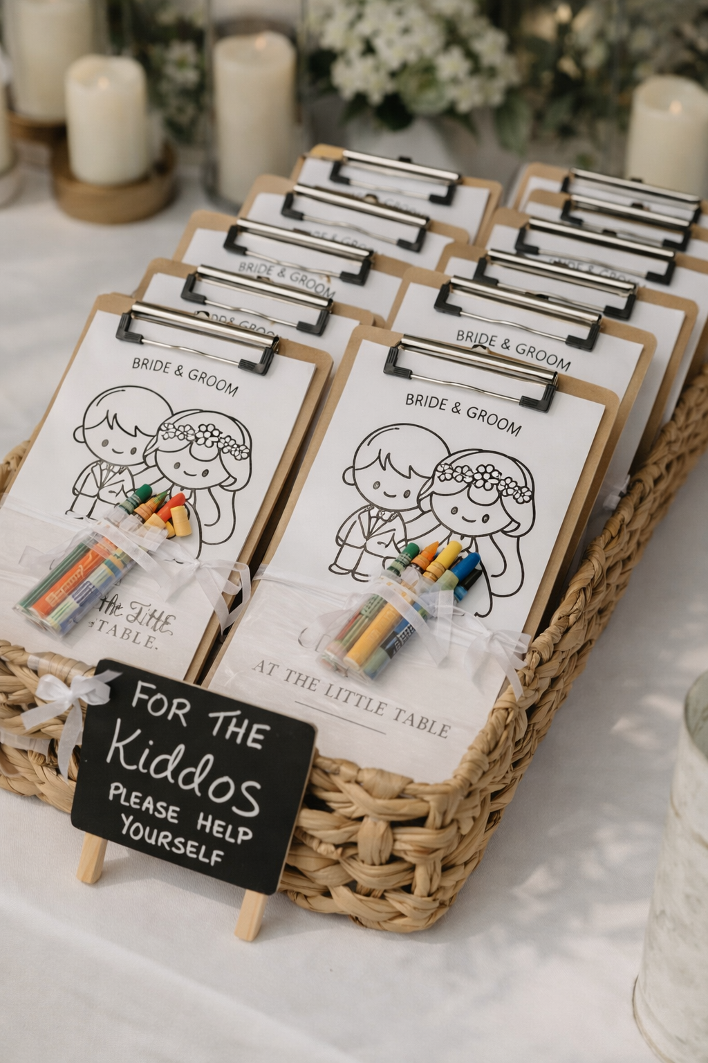 Wedding activity station with coloring pages for kids labeled 'Bride & Groom,' crayons, and a small chalkboard sign that says 'For the Kids Please Help Yourself,' set in a wicker basket with candles in the background.
