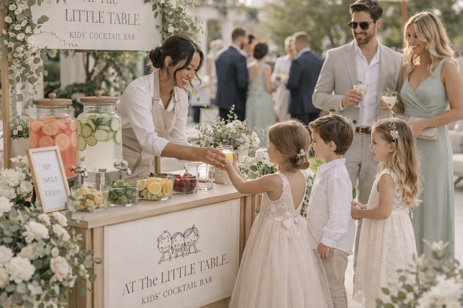 A group of children and adults at a kids' cocktail bar called "The Little Table" outdoors. The bar is serving colorful drinks with fresh fruit slices, with a smiling woman in an apron handing a drink to a girl in a white dress. Adults in the background are chatting, holding drinks, and enjoying the event.