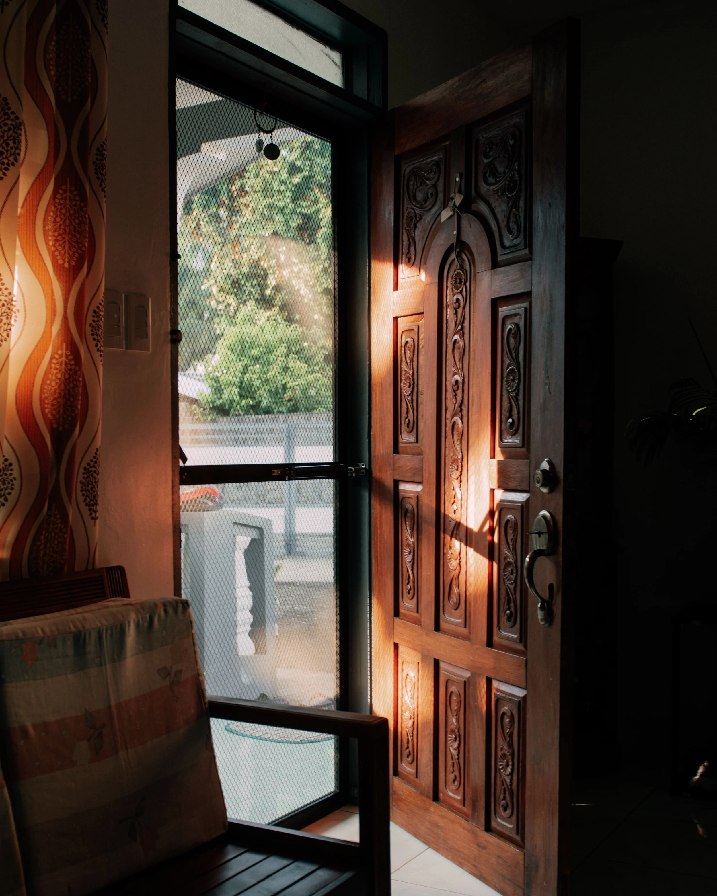 Sunlight casting shadows inside a room through a wooden door with carved details and a glass window, next to a window with a screen showing a view of greenery outside.