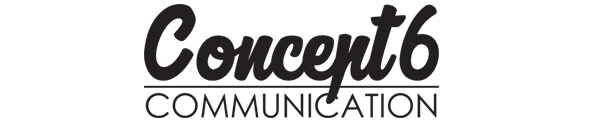 Logo de Concept6 Communication en noir et blanc avec le texte 'Concept6' en script et 'Communication' en lettres capitales en dessous