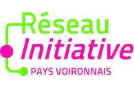 Logo du Réseau Initiative Pays Voironnais avec texte en vert vif et violet sur fond noir.