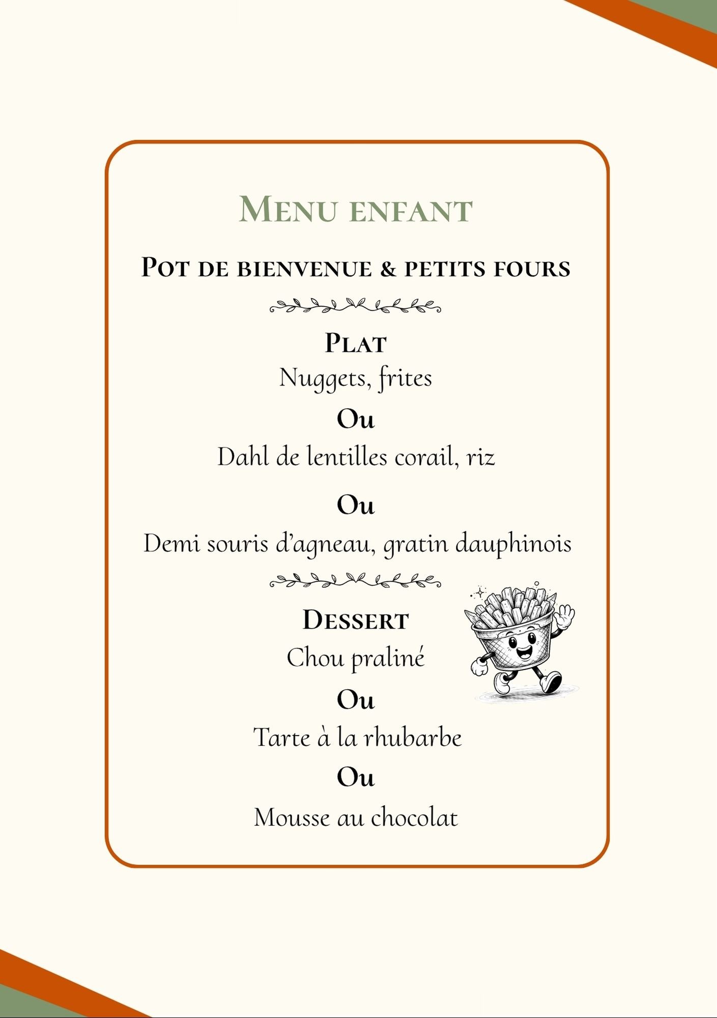 Menu pour enfants avec options de plats, desserts et boissons, illustré par une mascotte de panier de frites