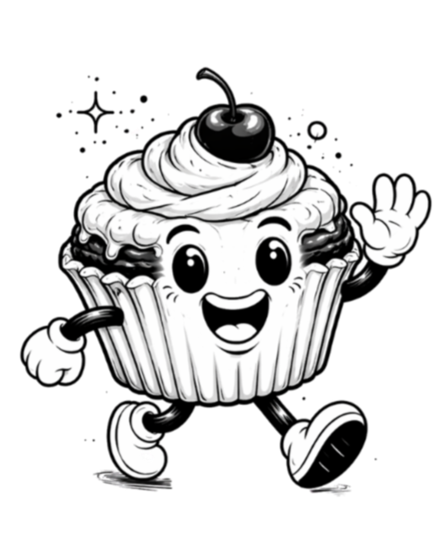 Une image d'une mascotte de cupcake avec des yeux grands, un sourire, une cerise sur le dessus, et qui fait un signe de la main.