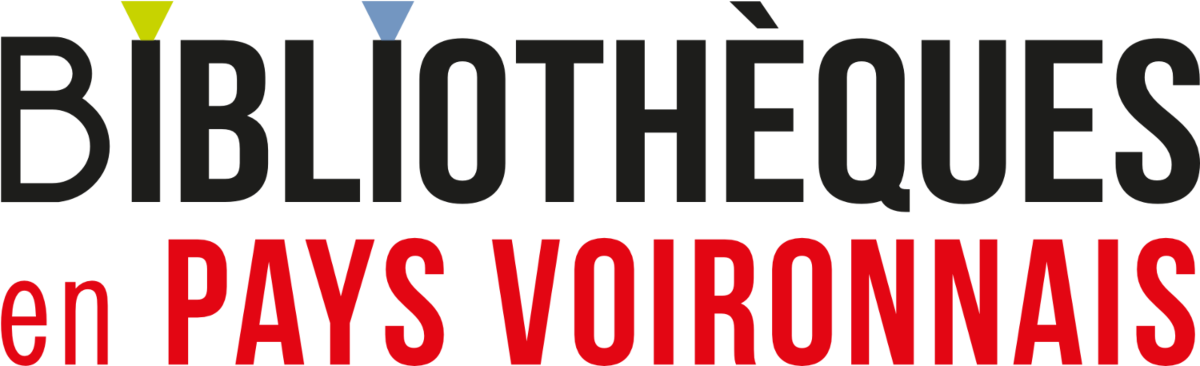 Logo avec un texte noir et rouge, comprenant des éléments graphiques verts et bleus, représentant une bibliothèque en Pays Voironnais