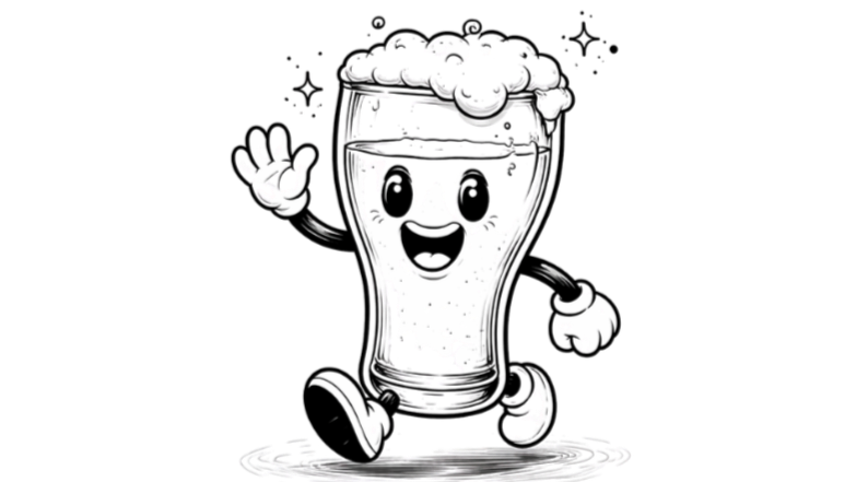 Une illustration d'un demi de bière avec un visage souriant et des bras, en style cartoon noir et blanc.