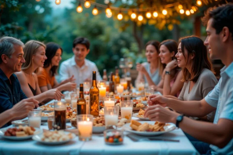 Groupe de personnes autour d'une longue table en plein air, partageant un moment apéro avec des guirlandes lumineuses au-dessus.