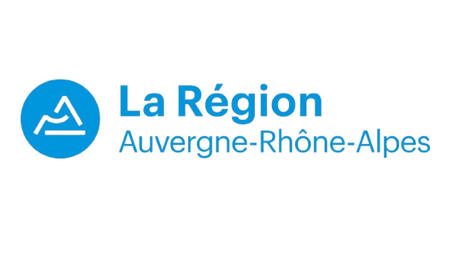 Logo de La Région Auvergne-Rhône-Alpes, avec une icône stylisée représentant un paysage ou une montagne, en bleu.