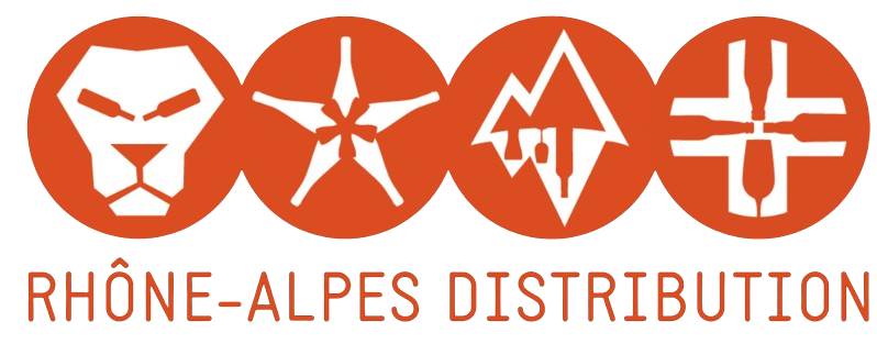 Logo avec quatre icônes circulaires orange représentant une tête de lion, une étoile à six branches avec des flèches, un graphique avec un pic, et une croix avec une seringue, suivi du texte "RHONE-ALPES DISTRIBUTION" en dessous.