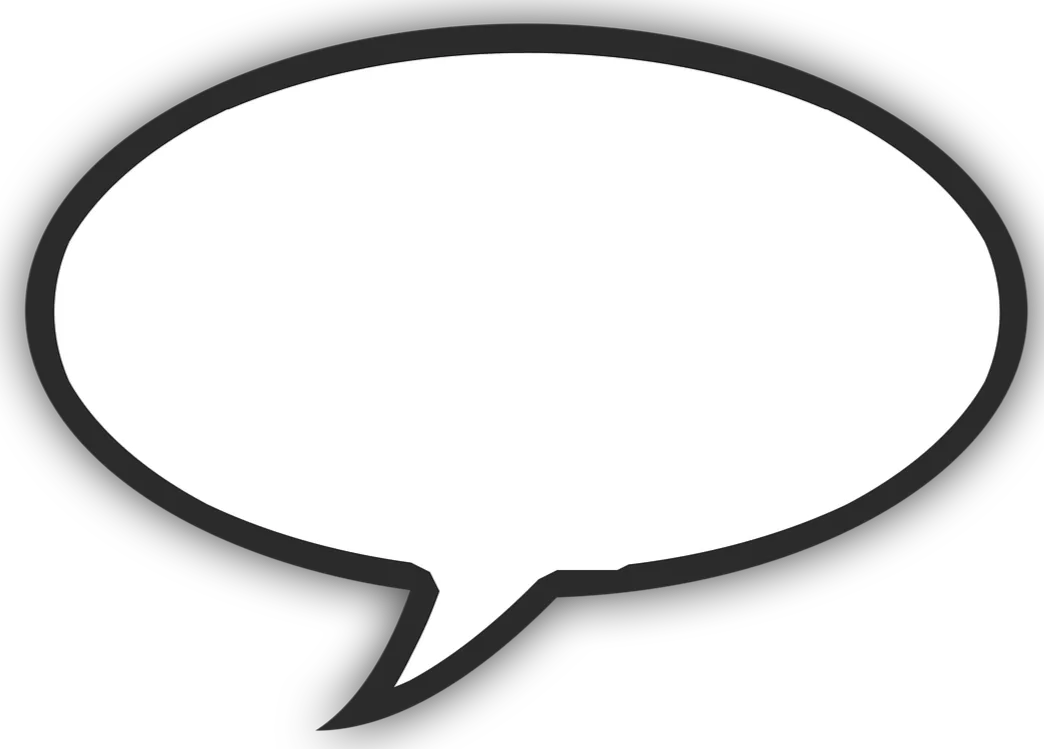 Une bulle de dialogue blanche dans un style cartoon, entourée d'une bordure noire, sur un fond transparent.