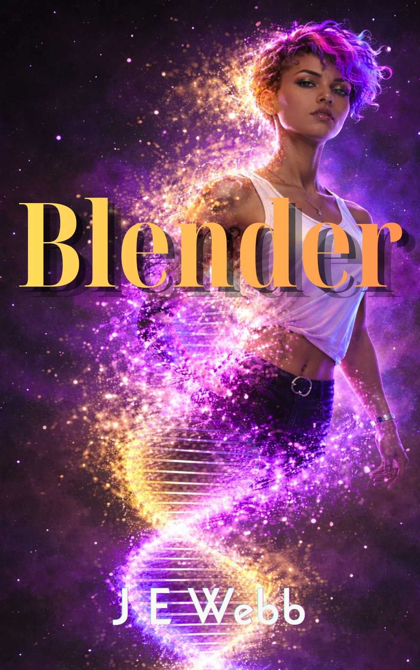 Book cover titled 'Blender' by J E Webb featuring a woman with purple hair standing amidst a glowing, swirling DNA double helix made of vibrant purple and gold sparks and particles in a cosmic background.