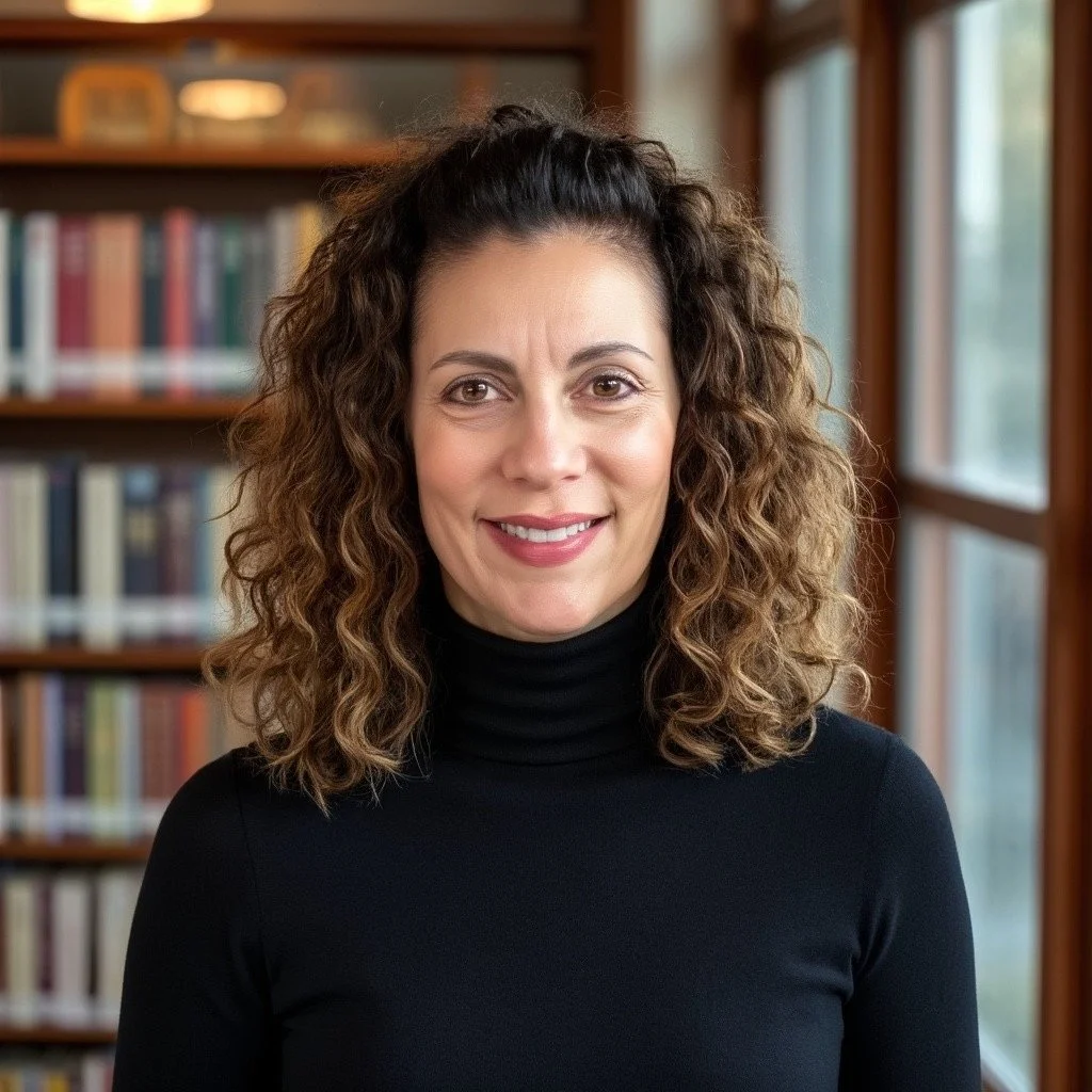 A woman with curly brown hair wearing a black turtleneck, smiling indoors near a window and bookshelf.