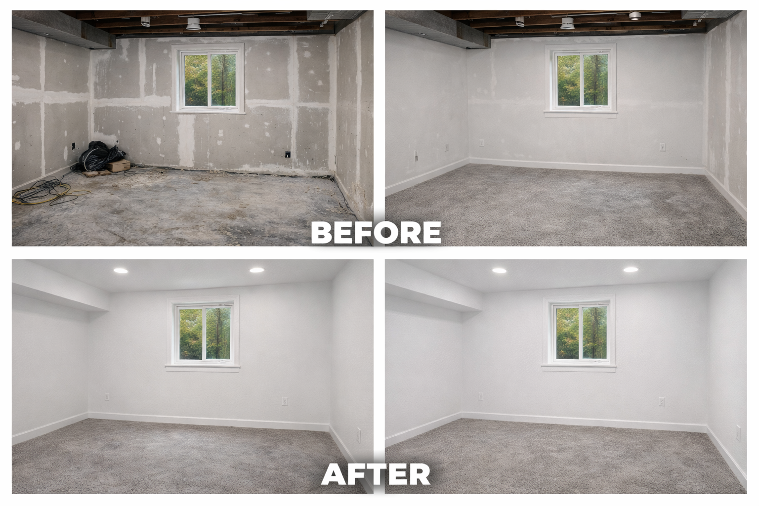 Transformation of a room from rough, unfinished state with exposed drywall and concrete floor to finished space with fresh white painted walls and carpeted floor, showing before and after renovation images.
