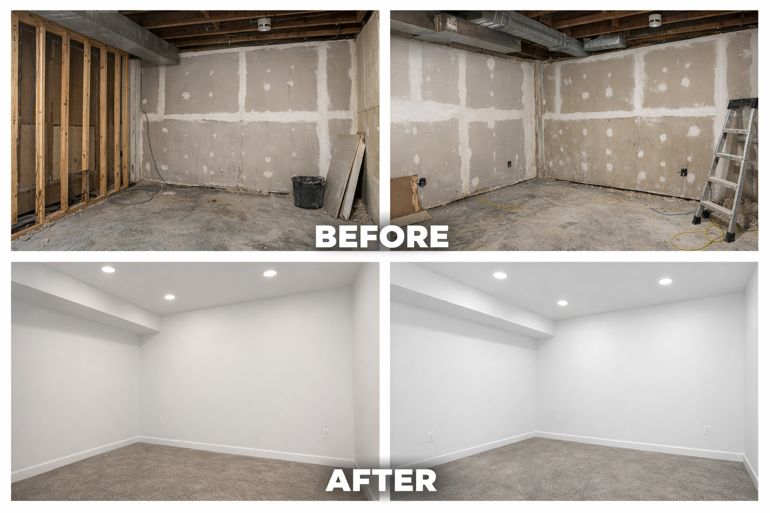 Before and after images of a room renovation. The top images show unfinished walls with exposed studs, electrical wiring, and construction debris. The bottom images show the same room fully finished with smooth, painted white walls and carpeted flooring, featuring recessed ceiling lights.