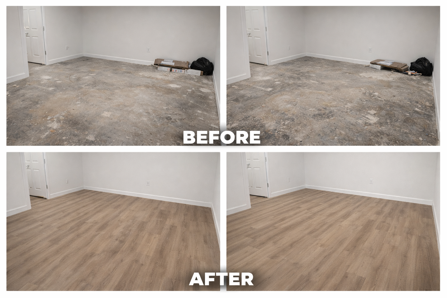 Comparison of a room before and after flooring installation. The top images show a room with unfinished, worn-out flooring, while the bottom images show the same room with new, finished, light-colored wooden flooring.