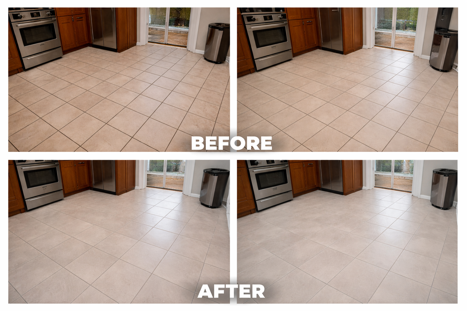 Comparison of kitchen flooring before and after cleaning, showing the tile floor is cleaner and brighter in the after images.