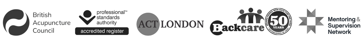 A horizontal banner with multiple logos and text related to professional accreditation, mentoring, and supervision networks, including British Acupuncture Council, ACT London, and others.