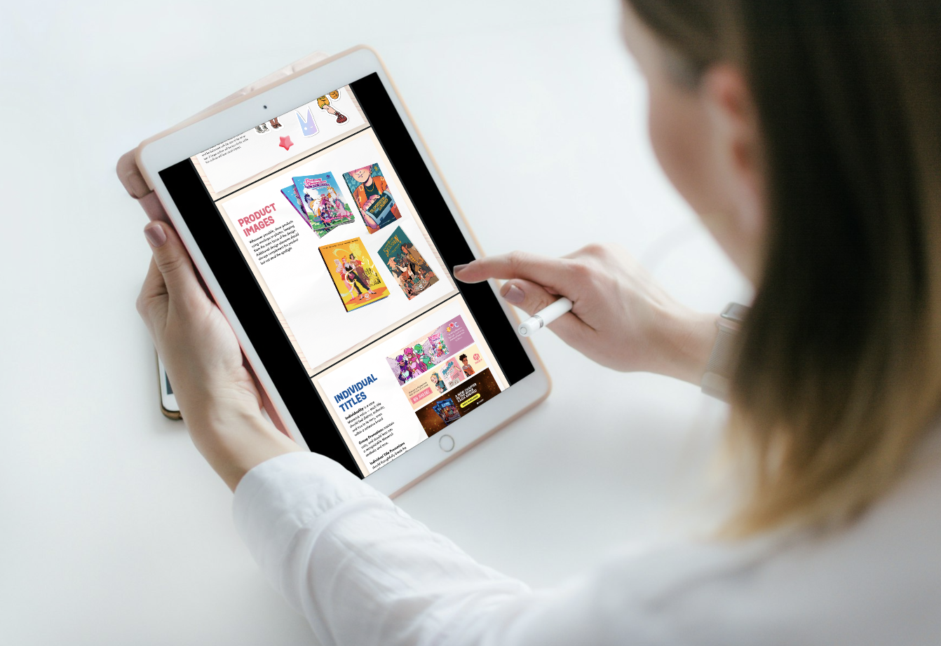 Marketing person reviewing a brand guideline and considering the content