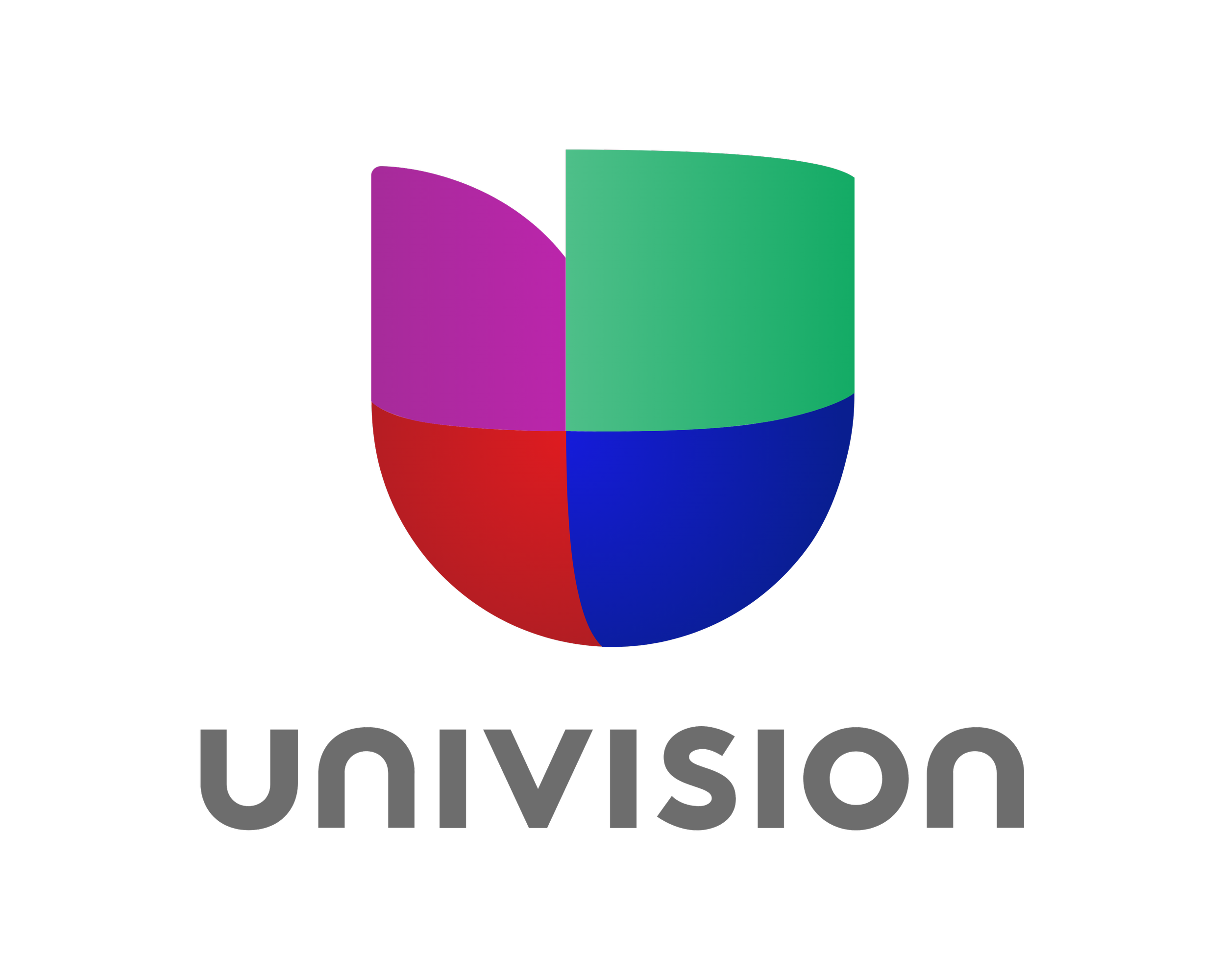 Univision logo with a colorful shield and the word 'Univision' underneath on a black background.