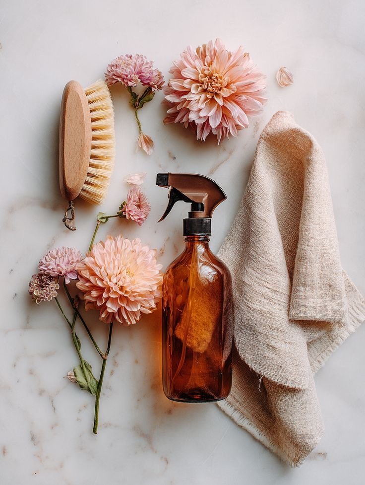 A flat lay of cleaning supplies including a brown spray bottle, a beige cloth, a wooden dish brush, and pink flowers on a white surface.