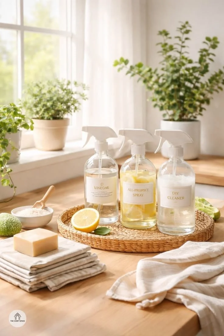 Natural cleaning supplies on a wooden table, with potted plants and a window in the background.