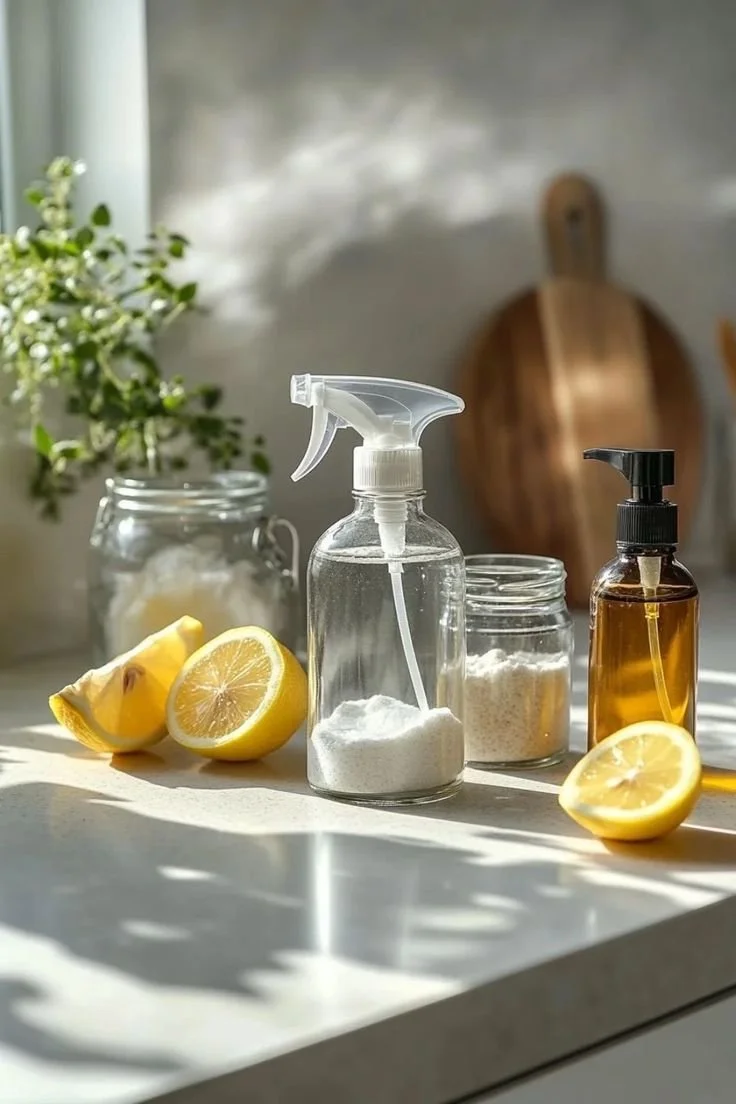 Lemon slices and wedges on a white surface with glass bottles containing powder and liquid, a potted plant, and wooden cutting boards in the background.