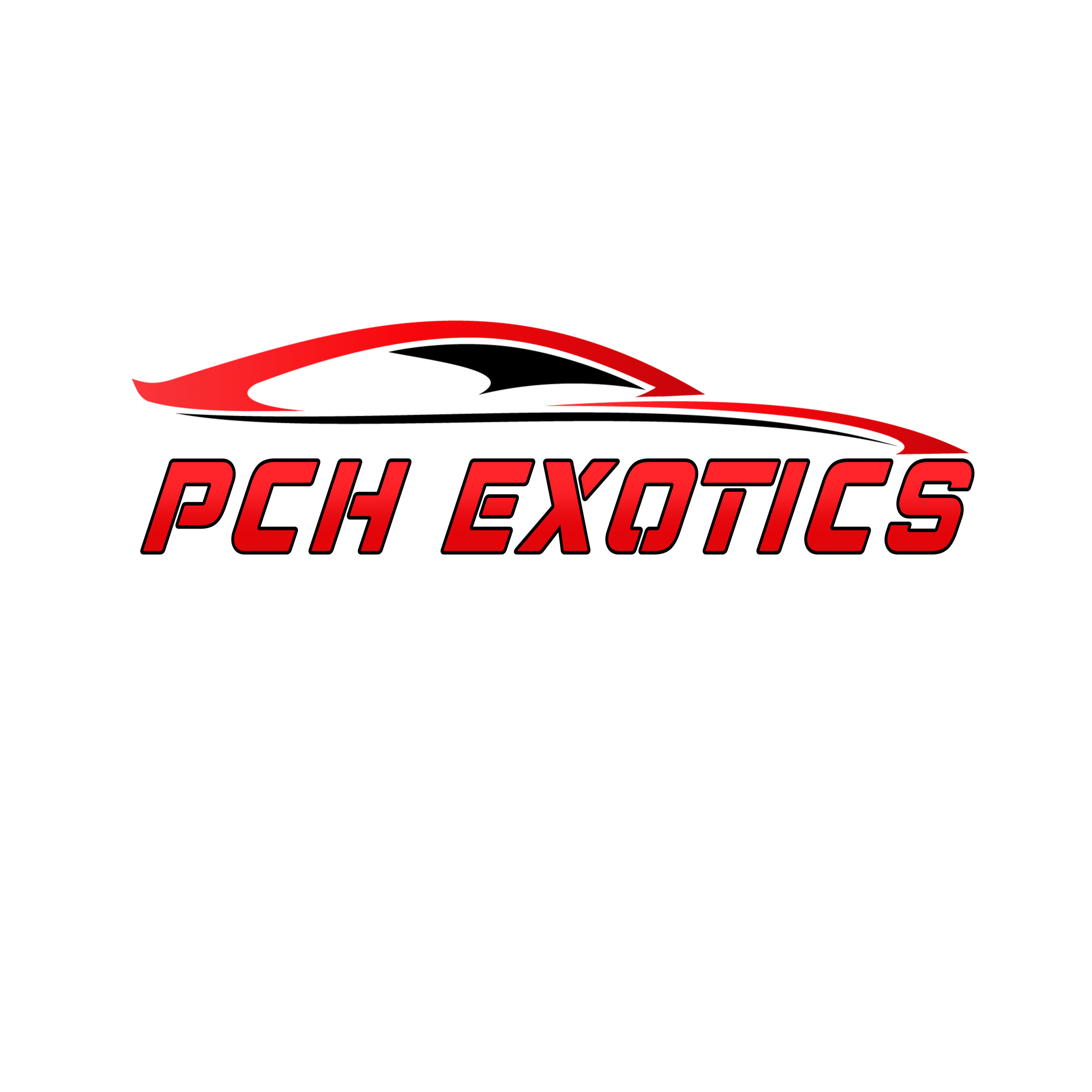 Red sports car outline with the text 'PCH Exotics' in red, set against a black background.