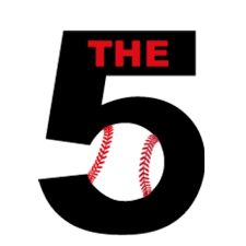 Graphic with the text 'The 5' in bold black font, with the number 5 incorporating a red and white baseball design.