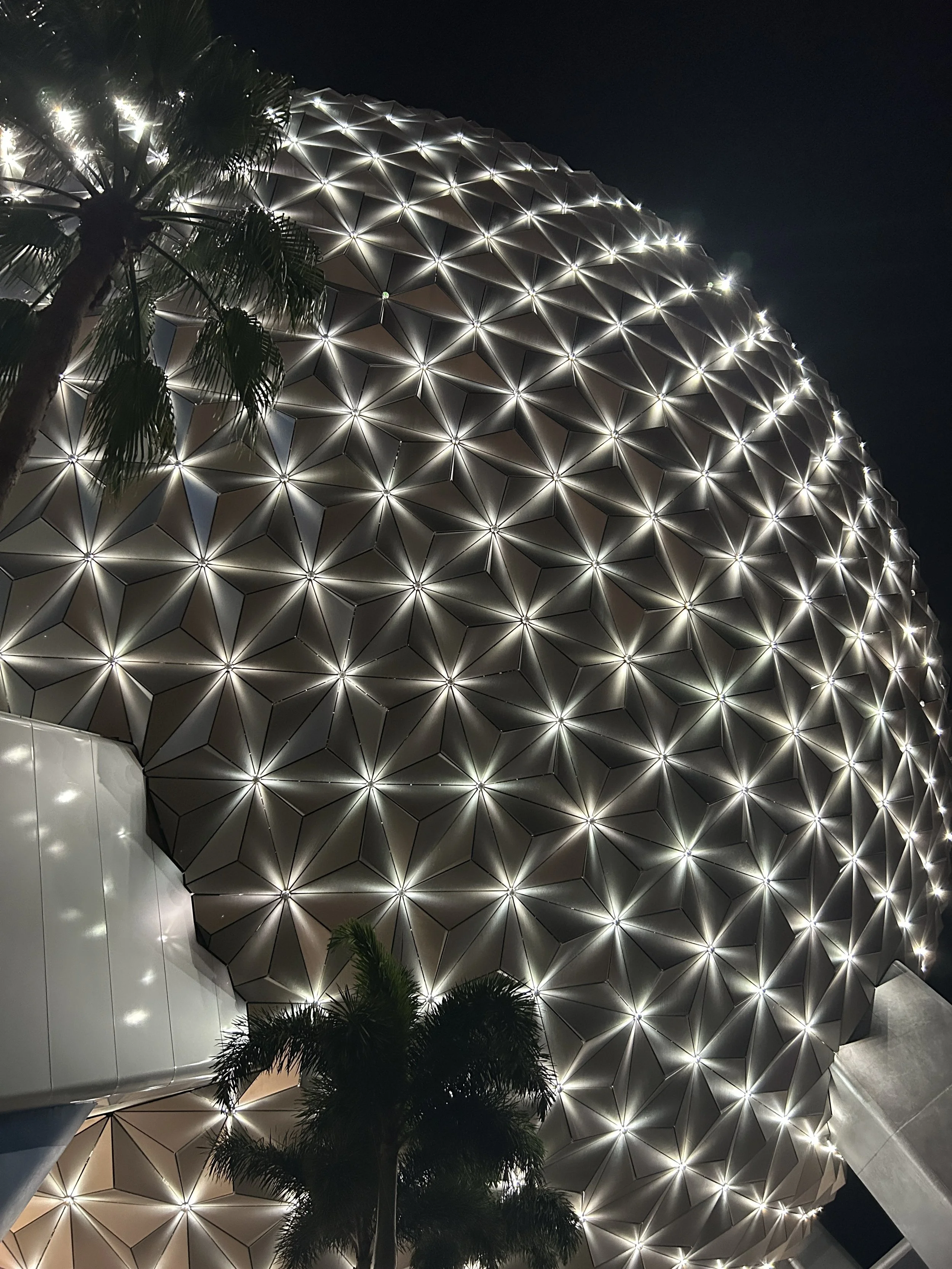 Nighttime view of the illuminated Geodesic Sphere at EPCOT, with palm trees in the foreground.