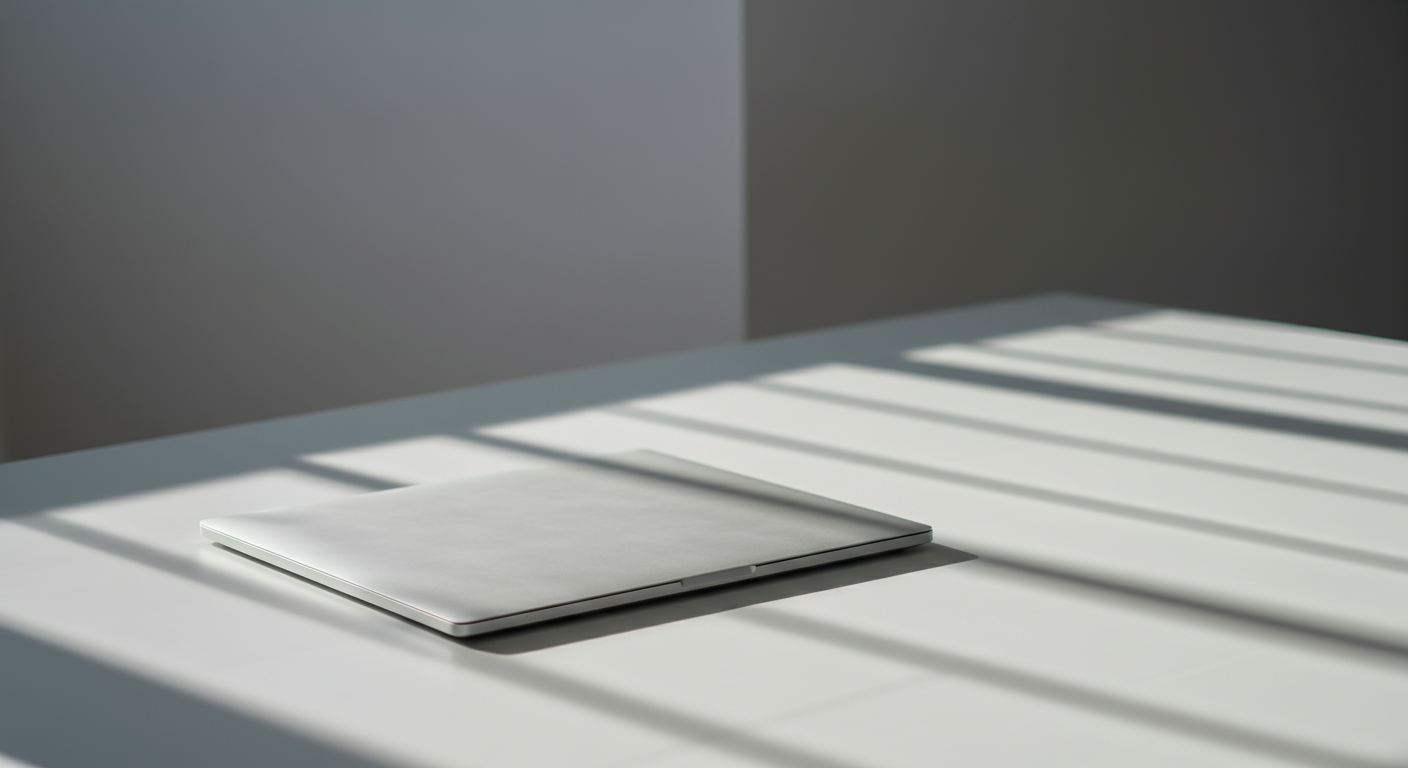 A closed silver laptop on a white table with shadow stripes cast from blinds, in a minimalist setting.