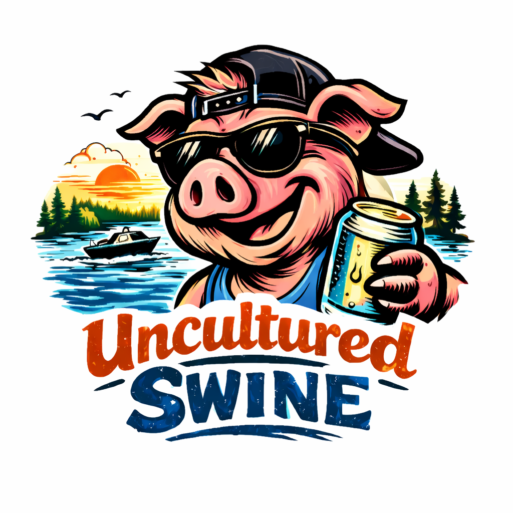 Cartoon pig wearing sunglasses and a backwards cap, holding a soda can, with a nature background of a sunset, trees, and a boat on the water. Text reads 'Uncaged Swine'.