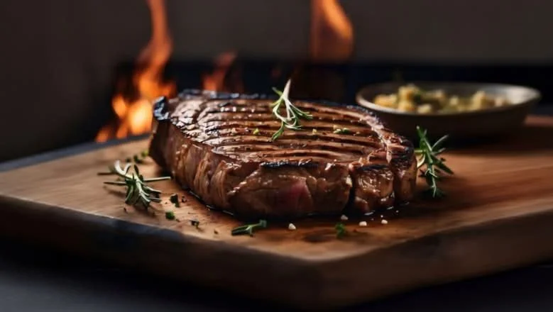 A grilled steak with grill marks on a wooden cutting board, garnished with rosemary sprigs, with flame in the background and a bowl of side dish nearby.